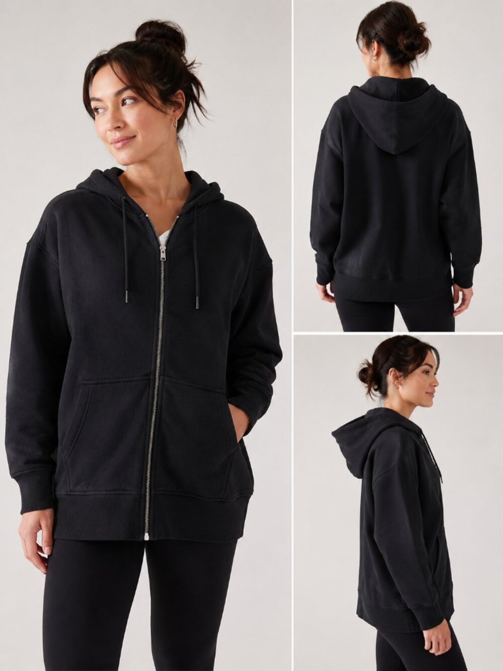 Athleta Forever Fleece Full Zip Hoodie Black Women's Large Relaxed Athleisure